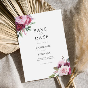 Reserva La Fecha Borgoña y Boda floral elegante rosa