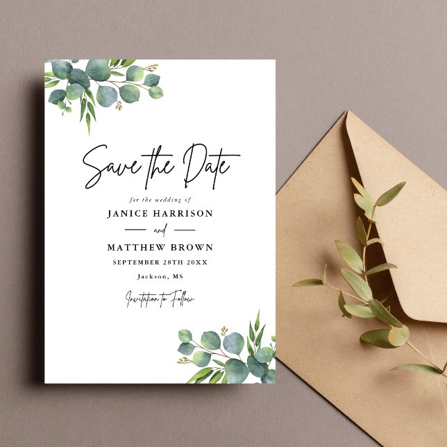 Reserva La Fecha Bosque de eucalipto salvia boda (Sage eucalyptus woodland save the date adds natural charm and shares your wedding date beautifully.)