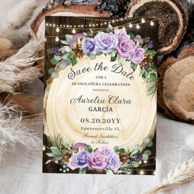 Reserva La Fecha Bosque de Quinceañera Rustic Purple Floral Encanta (Subido por el creador)