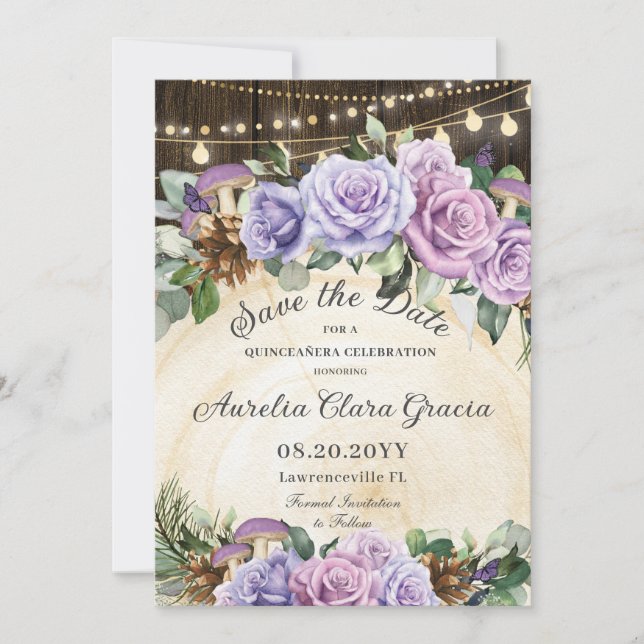 Reserva La Fecha Bosque de Quinceañera Rustic Purple Floral Encanta (Anverso)