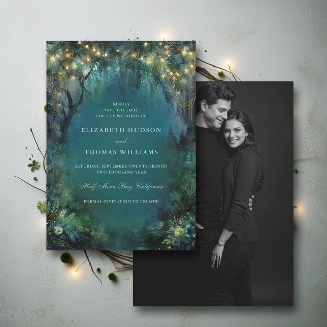 Reserva La Fecha Bosque Encantado Hada Foto de Boda del Bosque (enchanted forest woodland wedding save the date card emerald gold magic fairy tale photo)