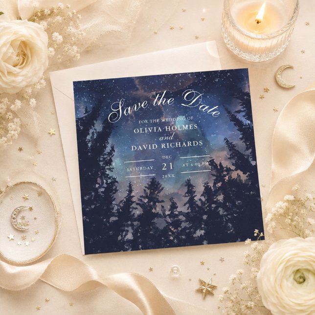 Reserva La Fecha Bosque Nocturno Estrellado Celestial Salva la Fech (Starry Night Forest Celestial Save the Date on a table with flowers and celestial decor)