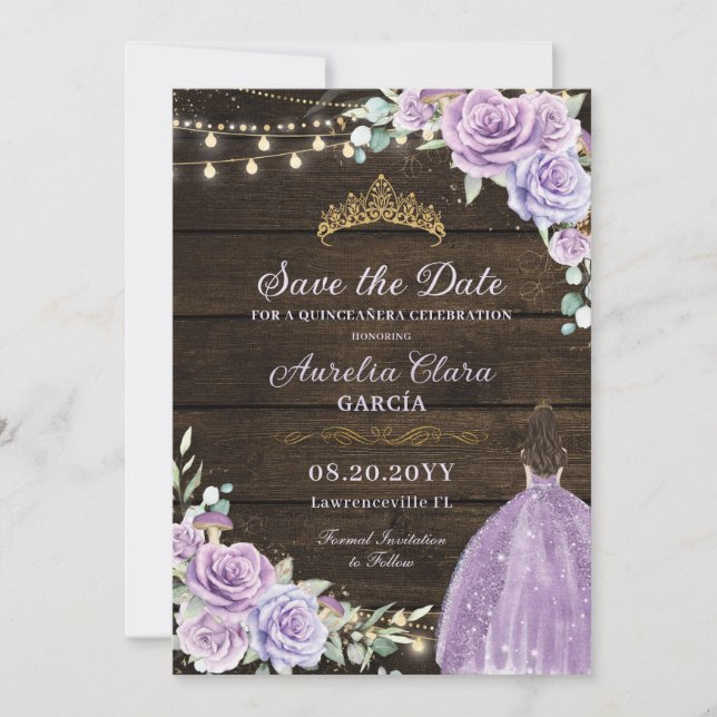 Reserva La Fecha Bosque Purple Lilac Floral Encantado Quinceañera (Anverso)
