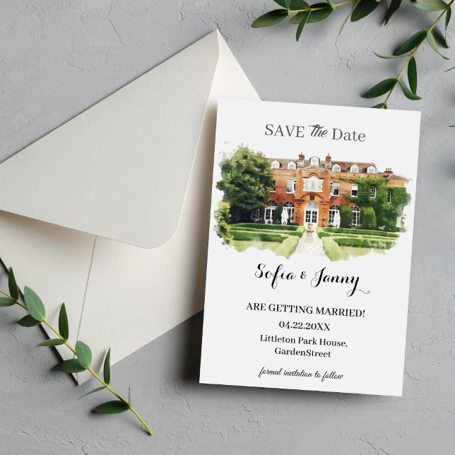 Reserva La Fecha Bosquejo de lugar de boda con acuarela elegante (Elegant Watercolor Wedding Venue Sketch Save The Date)