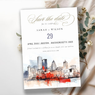 Reserva La Fecha Boston Massachusetts City Scape Watercolor Boda