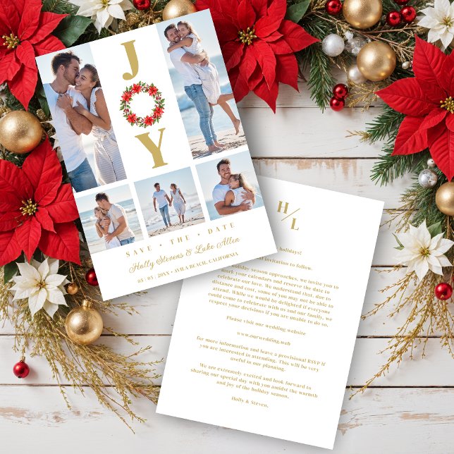 Reserva La Fecha Botanical Christmas Wreath Initials 5 Photos (Botanical Christmas Wreath Initials Original Collage Wedding 5 Photos Holidays Cards.)