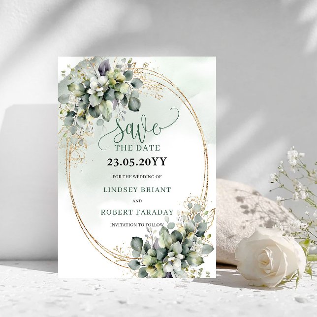 Reserva La Fecha Botánico Verde Blanco Oro Salva la Fecha (Botanical Green White Gold Save The Date)