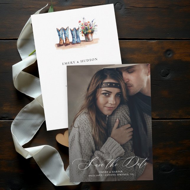 Reserva La Fecha Botas de flores silvestres campestres Foto boda rú (rustic wedding save the date cowboy boots wildflowers floral barn country outdoor backyard photo)