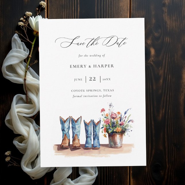 Reserva La Fecha Botas de mezclilla de flores silvestres campestres (rustic wedding save the date cowboy boots wildflowers floral barn country outdoor backyard modern)