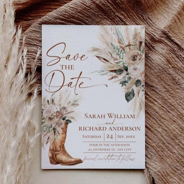 Reserva La Fecha Botas Vaqueras Rústicas del Oeste con Estilo Boho  (Desert Boho Pampas Grass Wedding Announcement)