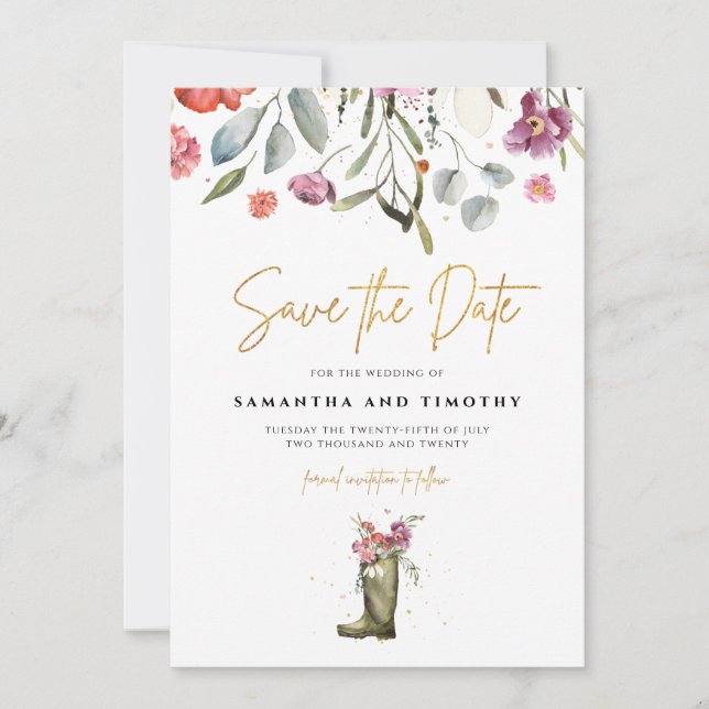 Reserva La Fecha Botas Wellington Floral Save The Date (Anverso)