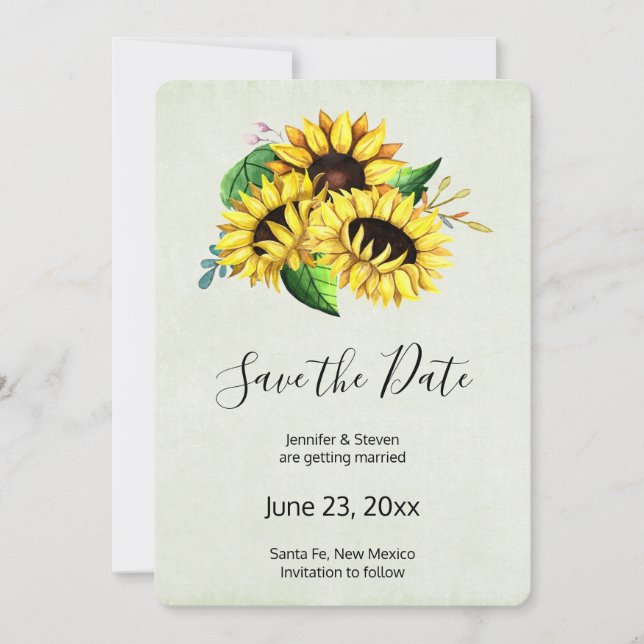 Reserva La Fecha Bouquet de girasol amarillo en Boda acuarela (Anverso)