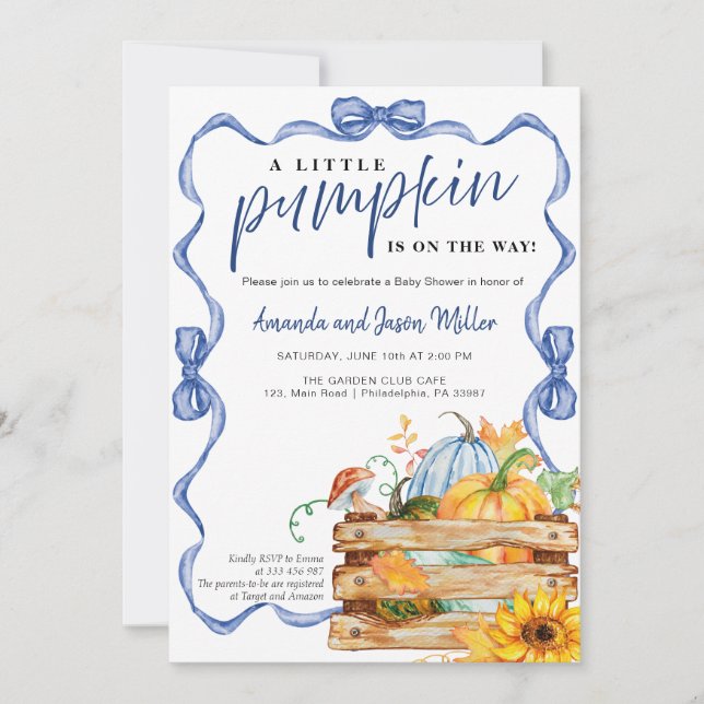 Reserva La Fecha Bow Boy Cae Flores y Calabazas Baby Shower (Anverso)