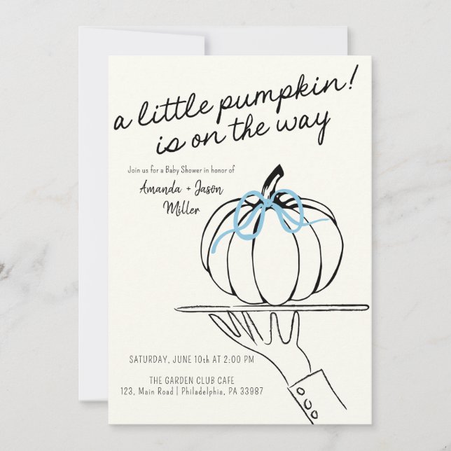 Reserva La Fecha Boy Bow Fall Baby Shower Pumpkins a mano (Anverso)
