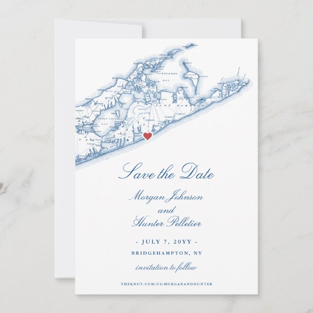 Reserva La Fecha Bridgehampton NY Mapa Boda Azul de la Marina (Anverso)