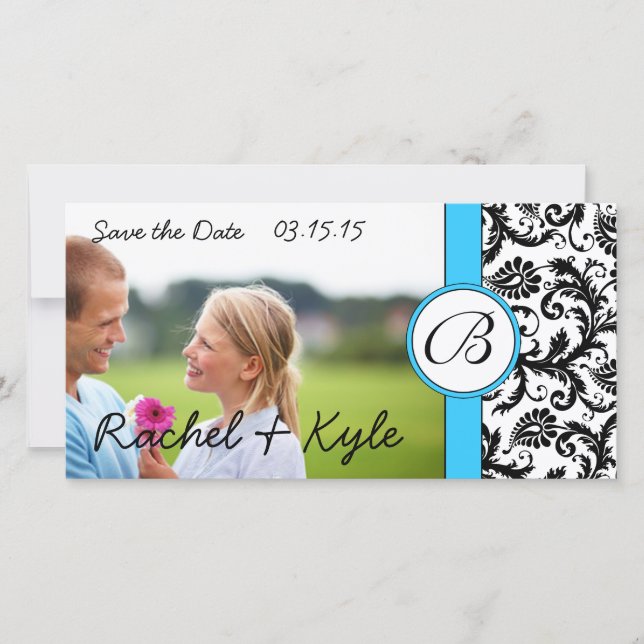 Reserva La Fecha Brillante Aqua Black Damask Save the Date Your Pho (Anverso)