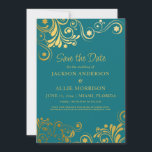 Reserva La Fecha Brillante Turquesa Dorado Florecer Foto Boda<br><div class="desc">Ahorre la fecha de boda en azul turquesa brillante y audaz acentuado con elegantes y divertidos remolinos y florituras doradas. Personalizado con su información en la parte delantera y su foto en la parte trasera. Contácteme para obtener ayuda con sus personalizaciones o para solicitar productos adicionales de Zazzle que coincidan...</div>