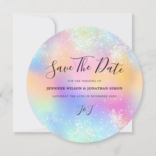 Reserva La Fecha Brillo holográfico pastel boda Save the date (Anverso)
