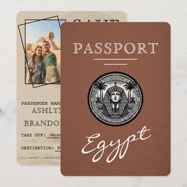 Reserva La Fecha Brown Egypt Passport Wedding Save the Date (Anverso / Reverso)