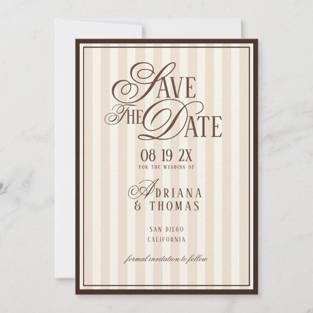 Reserva La Fecha Brown Ivory Striped Old Money Calligraphy Wedding (Anverso)