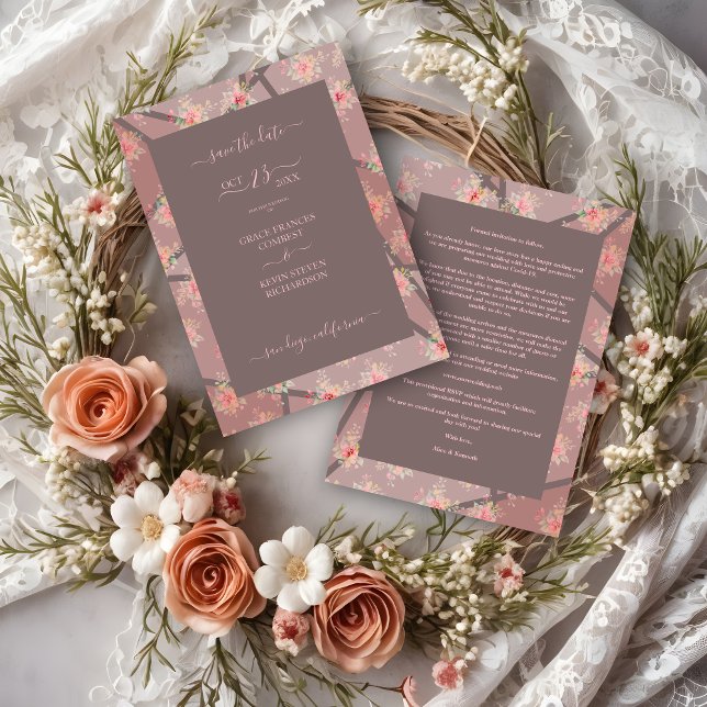 Reserva La Fecha Brown Romantic Floral Stained Glass Effect (Brown Romantic Floral Stained Glass Effect Save the Date Card with Envelope. )