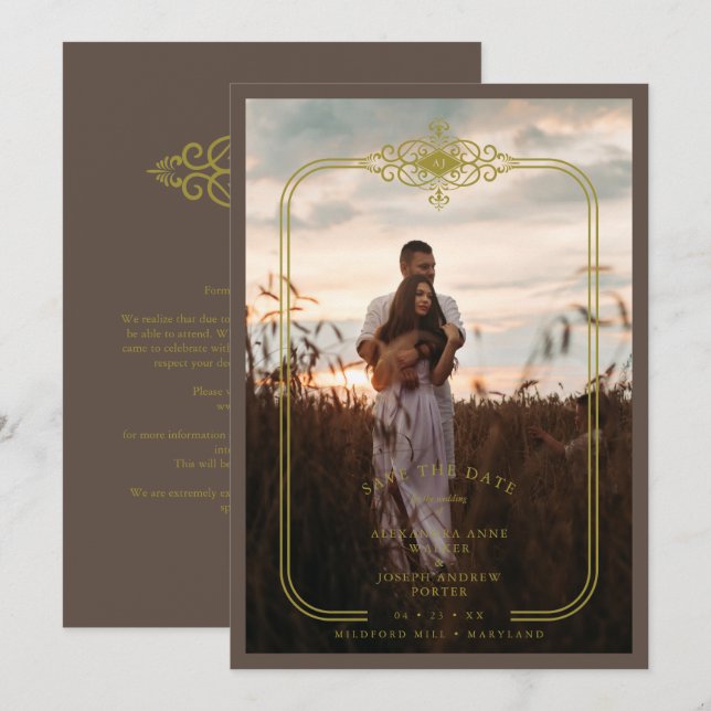 Reserva La Fecha Brown Trendy Lace Flourish Initials Wedding Photo (Anverso / Reverso)