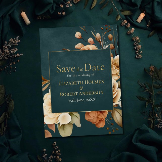 Reserva La Fecha Bruja del Bosque de Verano Teal Save the Date (Summer Forest Witch Teal Save the Date on a teal witchy wedding table with dry botanicals)