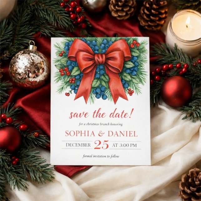 Reserva La Fecha Brunch de Navidad con Arco de Agua Roja (Red Bow Watercolor Christmas Brunch Save The Date)