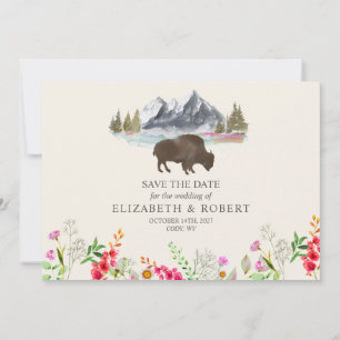 Reserva La Fecha Buffalo Bison Watercolor Mountains Boda floral