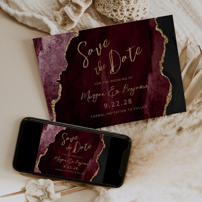 Reserva La Fecha Burgundy Agate Script Save the Date de Boda (Subido por el creador)