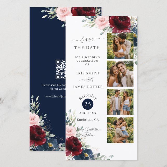 Reserva La Fecha Burgundy Blush Navy Floral Photo Booth Wedding QR  (Anverso / Reverso)