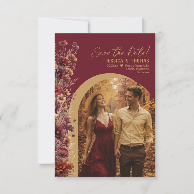 Reserva La Fecha Burgundy Boho Chic Wildflowers Arch Photo Wedding (Anverso)