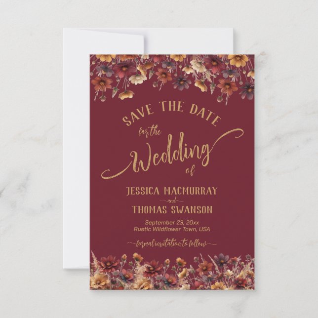 Reserva La Fecha Burgundy Boho Chic Wildflowers Calligraphy Wedding (Anverso)