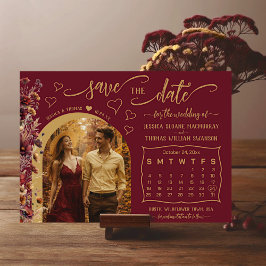 Reserva La Fecha Burgundy Boho Wildflowers Photo & Calendar Wedding