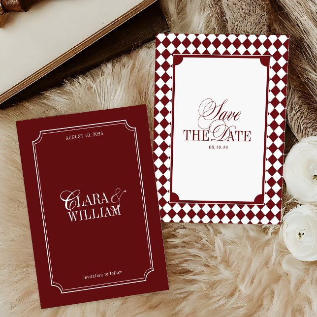Reserva La Fecha Burgundy Checkered Old Money Wedding Save The Date (Subido por el creador)