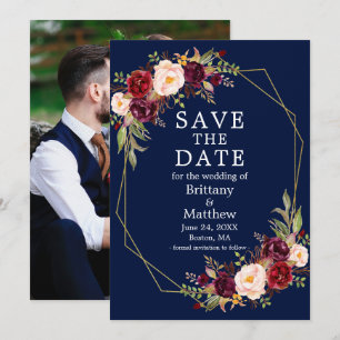 Reserva La Fecha Burgundy Floral Blue Gold Geo Frame Foto