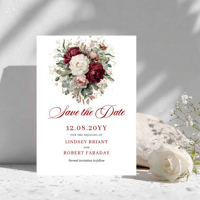 Reserva La Fecha Burgundy Floral Blush Sin Fecha de Caducidad (Timeless Blush Burgundy Floral Save The Date)