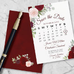 Reserva La Fecha Burgundy Floral Elegant Boho Wedding Calendar<br><div class="desc">This wedding Save the Date card features a rustic boho chic floral design with script lettering and hand painted watercolor roses in shades of blush pink, red and burgundy. There is a customizable calendar where you can put a heart around your wedding date with space for the couple's name &...</div>