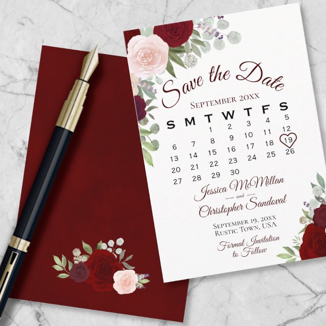 Reserva La Fecha Burgundy Floral Elegant Boho Wedding Calendar (Front and Back)