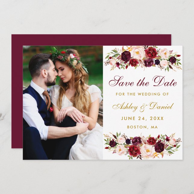Reserva La Fecha Burgundy Floral Gold Photo Save the Date (Anverso / Reverso)
