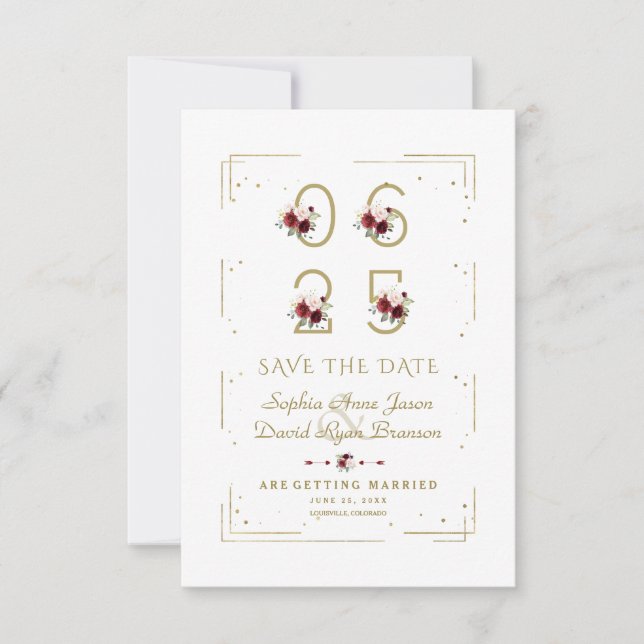 Reserva La Fecha Burgundy Floral Number Wedding Save the Date (Anverso)
