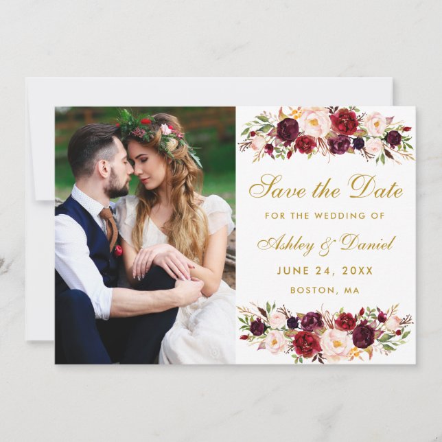 Reserva La Fecha Burgundy Floral Photo Gold Save The Date W (Anverso)