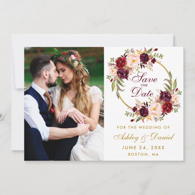 Reserva La Fecha Burgundy Floral Wreath Gold Photo Save the Date (Anverso)