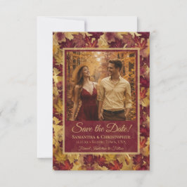 Reserva La Fecha Burgundy & Gold Autumn Leaves & Photo Wedding
