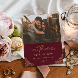 Reserva La Fecha Burgundy Gold Floral Photo Save the Date Card