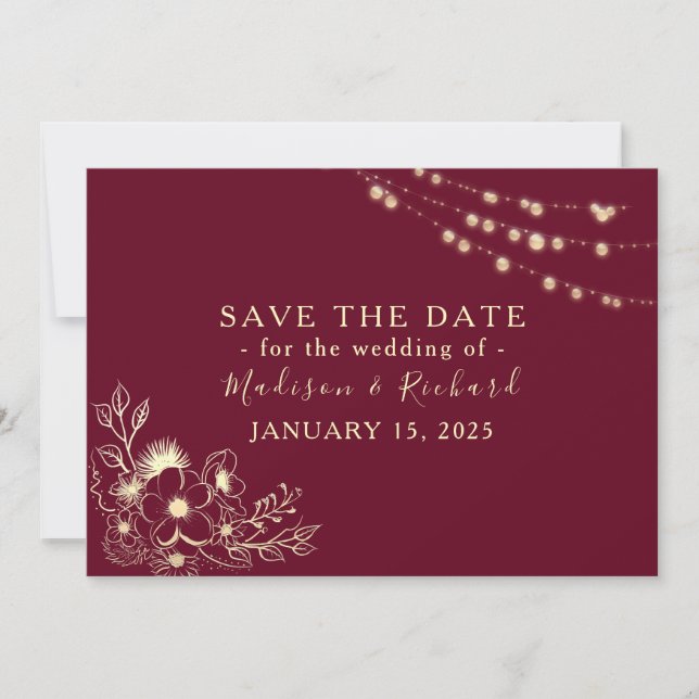 Reserva La Fecha Burgundy Gold Floral Save the Date Card (Anverso)