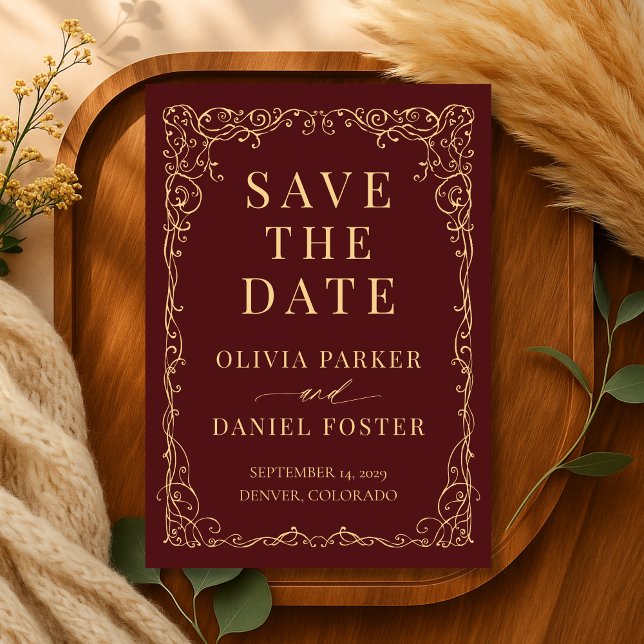 Reserva La Fecha Burgundy Gold Minimalist Wedding Save the Date (Subido por el creador)