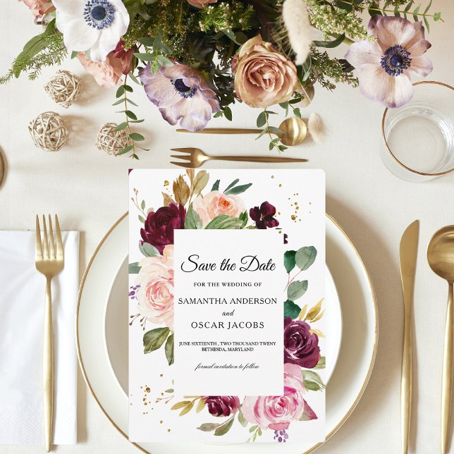 Reserva La Fecha Burgundy Malhumor Floral | Acuarela Rústica (Subido por el creador)