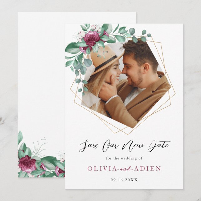 Reserva La Fecha Burgundy Marfil Floral Geométrico Foto (Anverso / Reverso)