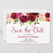 Burgundy Marsala Floral Bohemio Save the Date